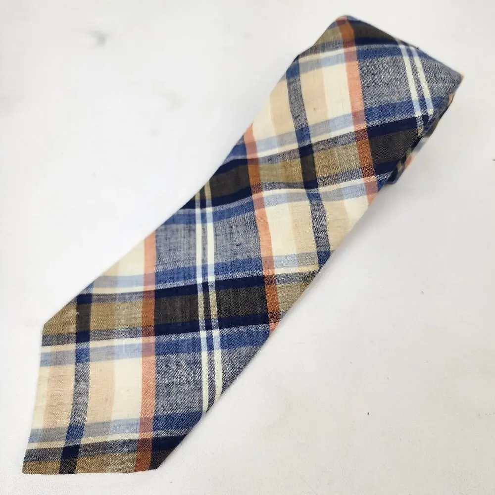Lord & Taylor Casual Madras Tie Necktie Blue Orange Tan Plaid 100% Cotton 3